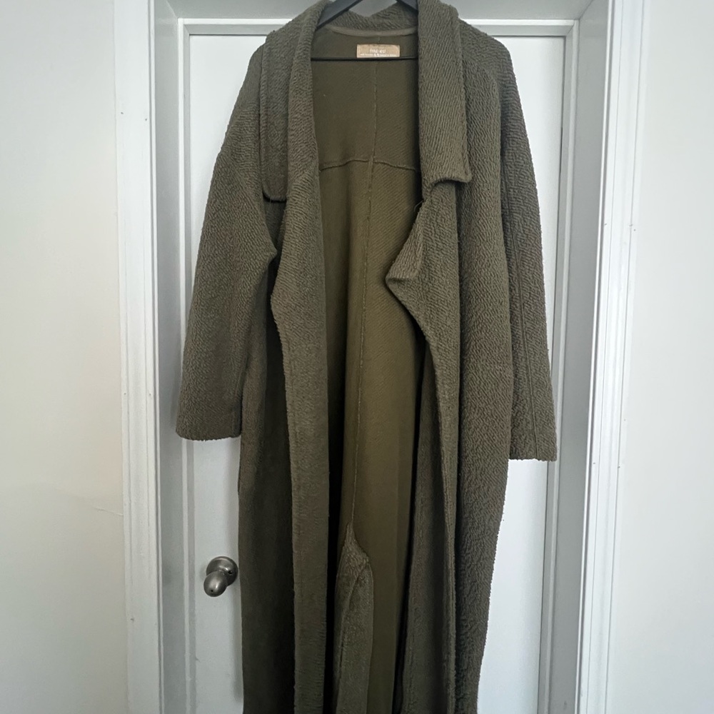 Free People Olive Green Long Textured Duster Cardigan